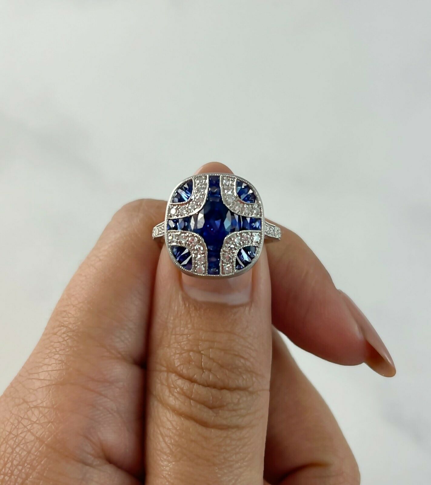 Oval Blue Sapphire Diamond Art Deco Platinum Engagement Ring Natural