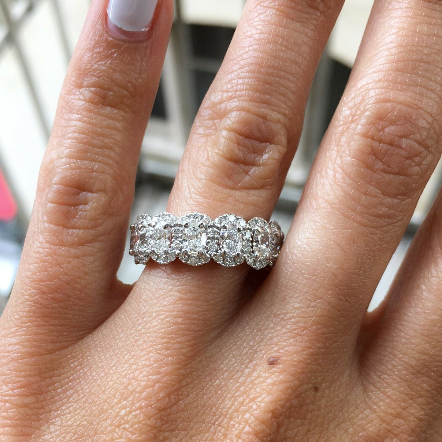 18K White Gold 3.23CT Oval Diamond Eternity Ring Halo Engagement Anniversary Band