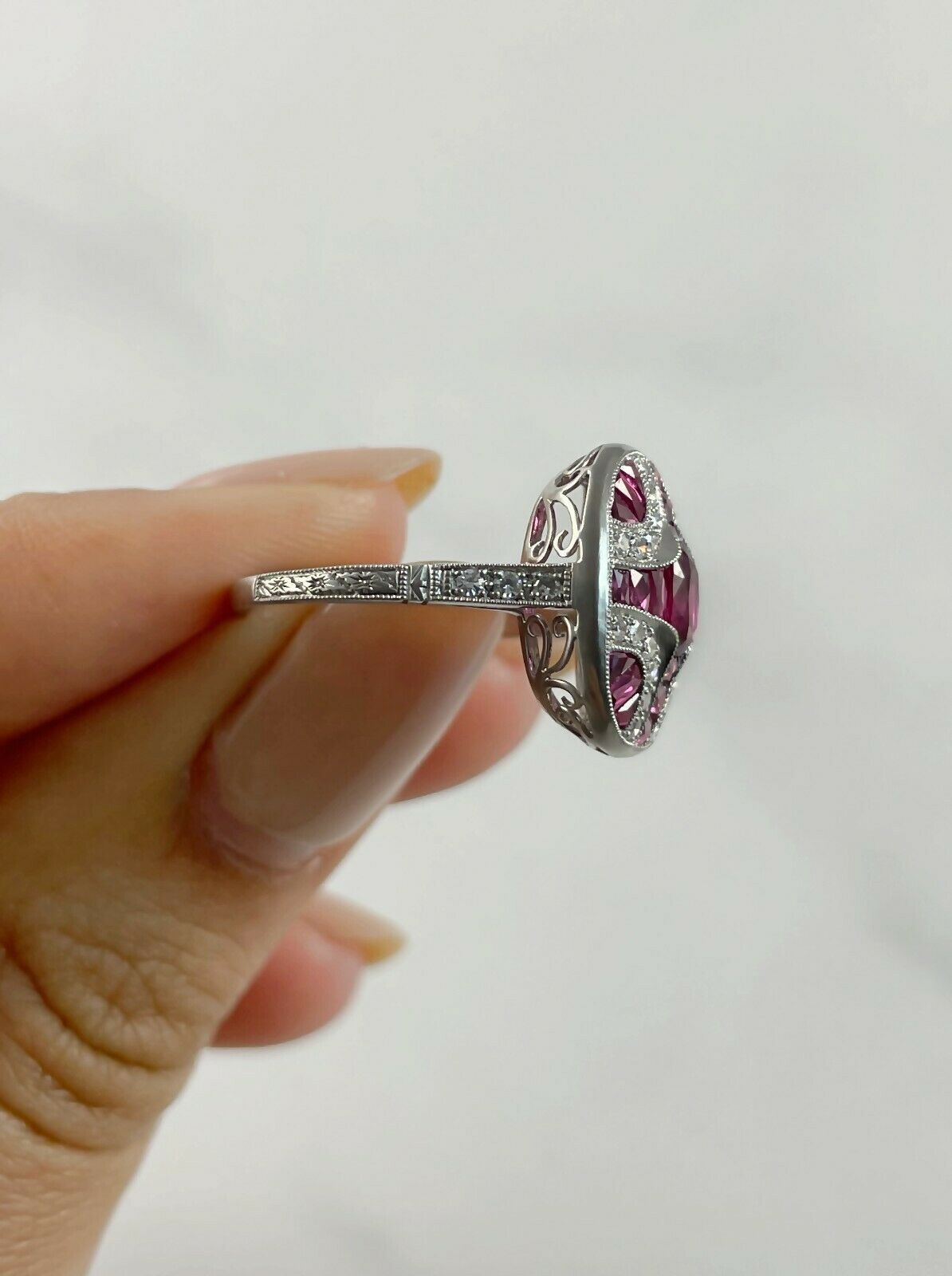Art Deco Ruby Diamond Platinum Ring Handmade Certified Natural
