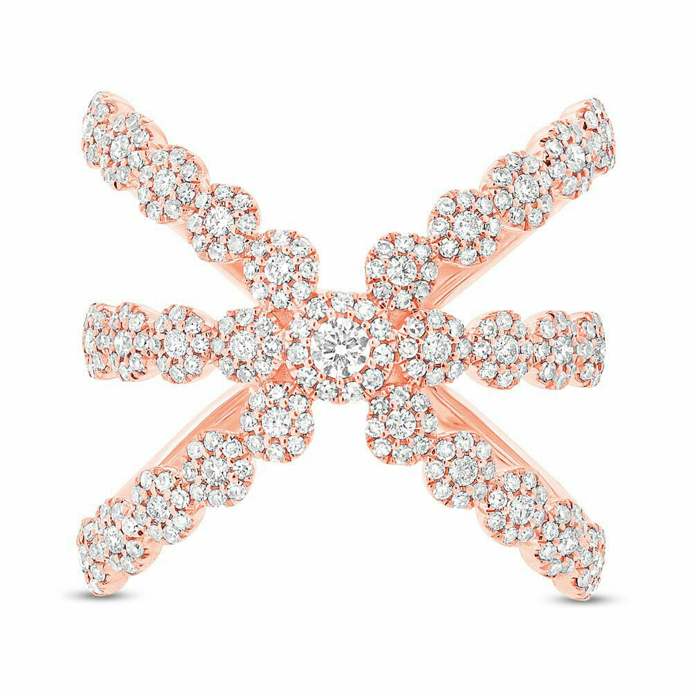 14k Gold 0.80 CT Diamond Wide Crossover Halo Cocktail Ring Natural Round Cut