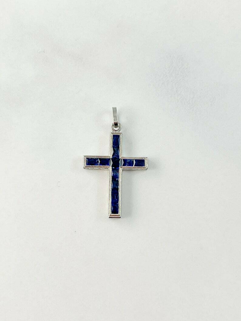 Art Deco Blue Sapphire Cross Platinum Pendant Necklace Handmade Engraved