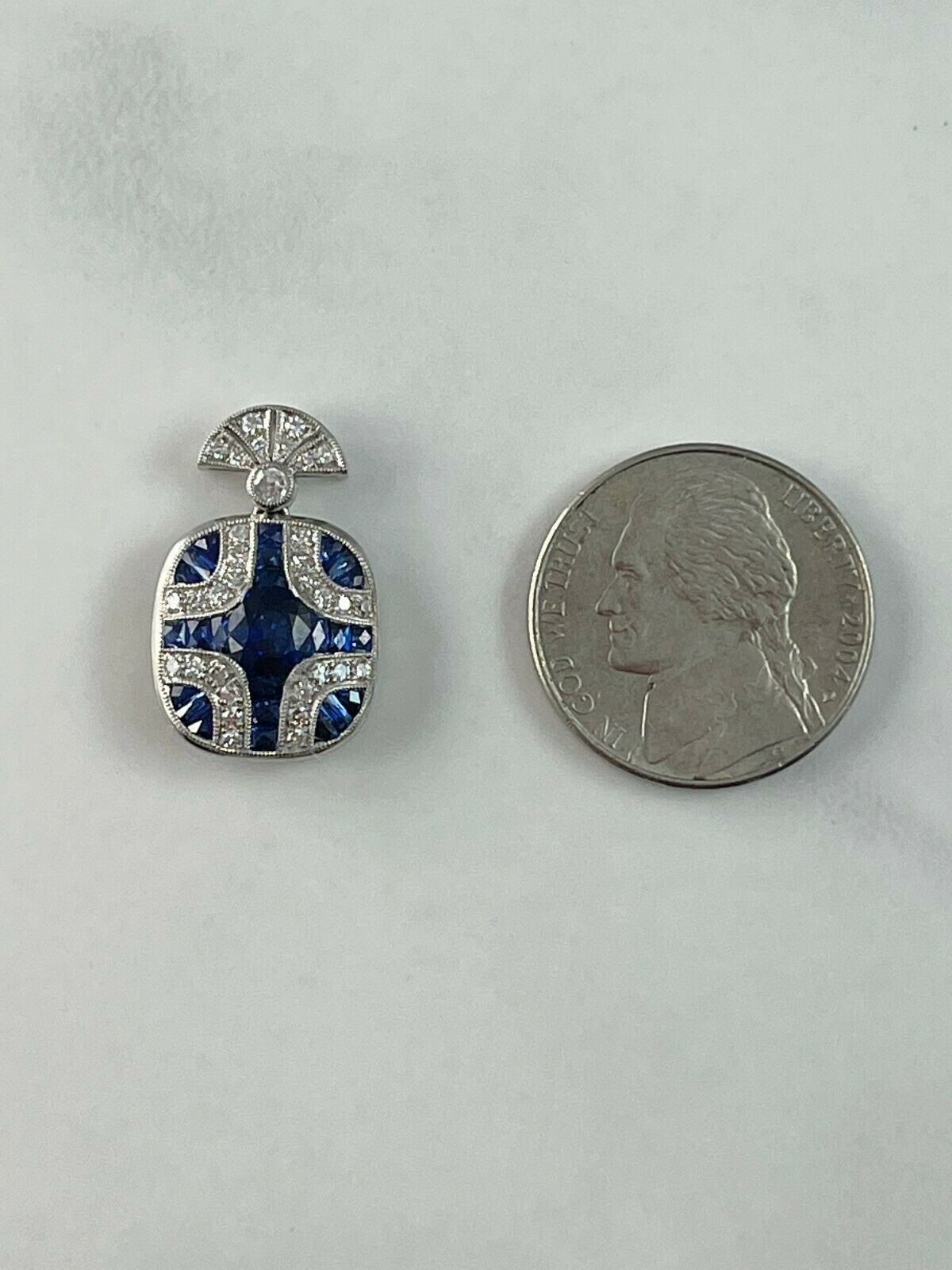 Blue Sapphire Diamond Platinum Pendant Necklace Art Deco Handmade Natural 2.16CT