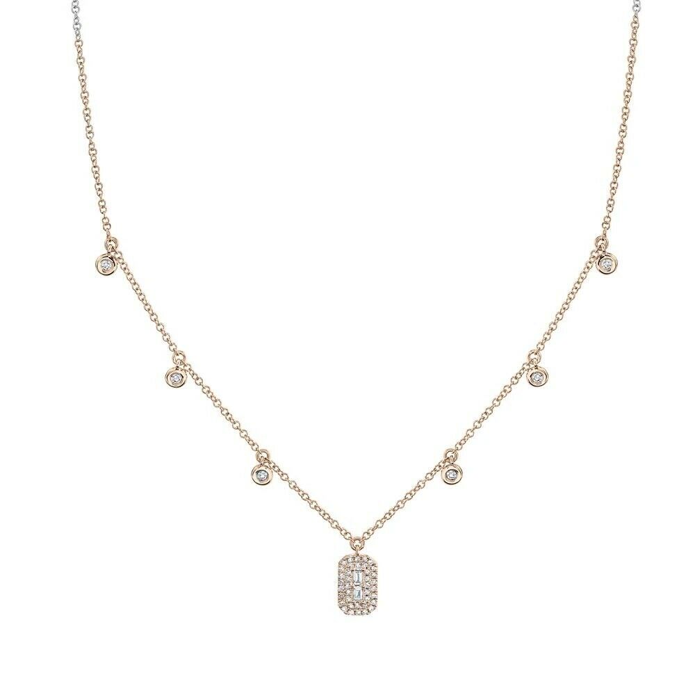 14K Gold 0.05 CT Baguette Cut Diamond Shaker Necklace Round Bezel Pendant