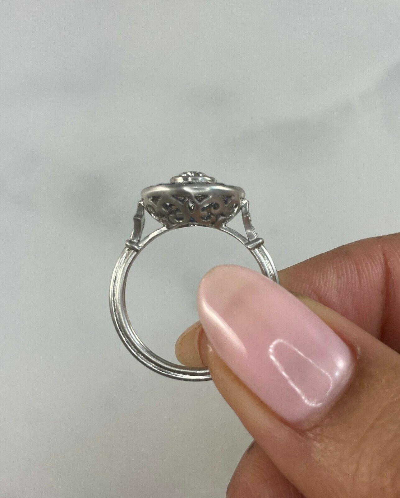Art Deco Diamond Blue Sapphire Platinum Engagement Ring Handmade