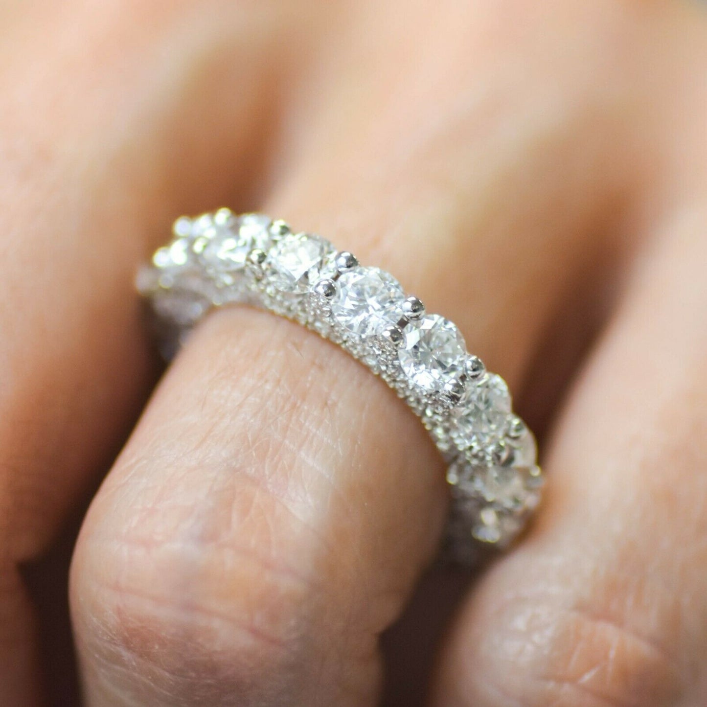 18K White Gold 5.29CT Unique Diamond Eternity Ring Engagement Anniversary 3 Side