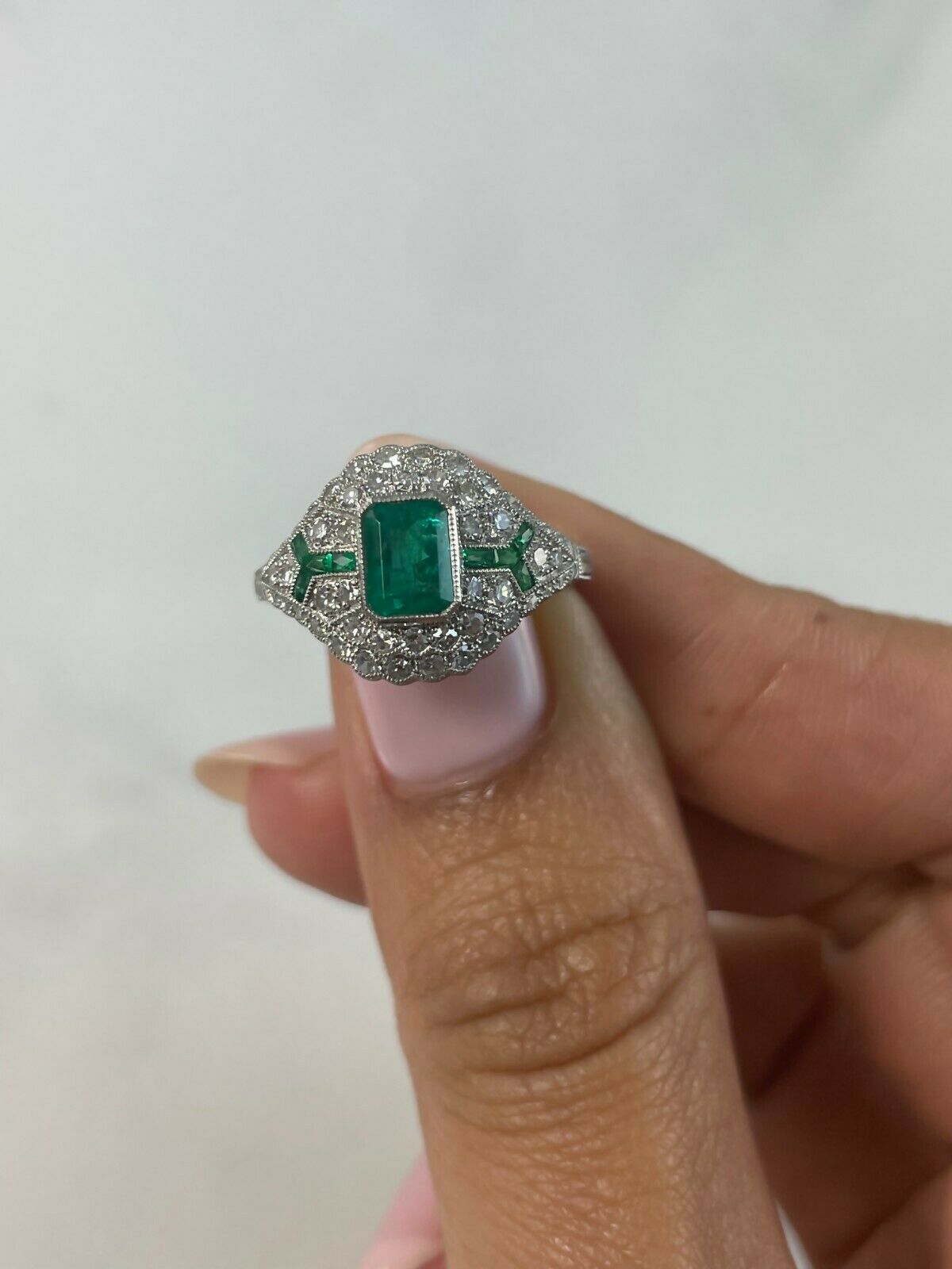Diamond And Emerald Platinum Engagement Ring Art Deco Handmade Natural