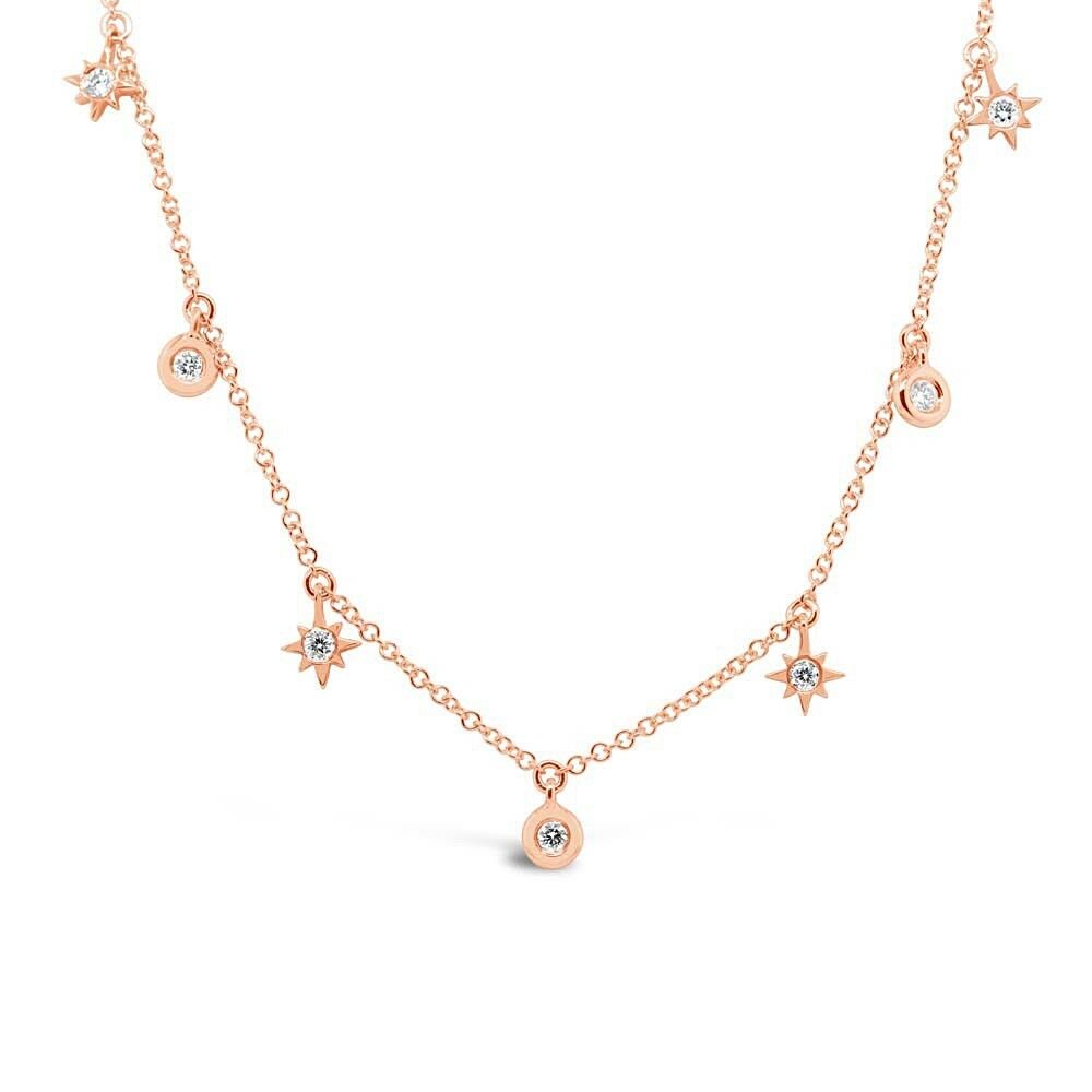 14K Gold 0.15 CT Natural Round Cut Bezel Set Diamond and Northern Star Necklace