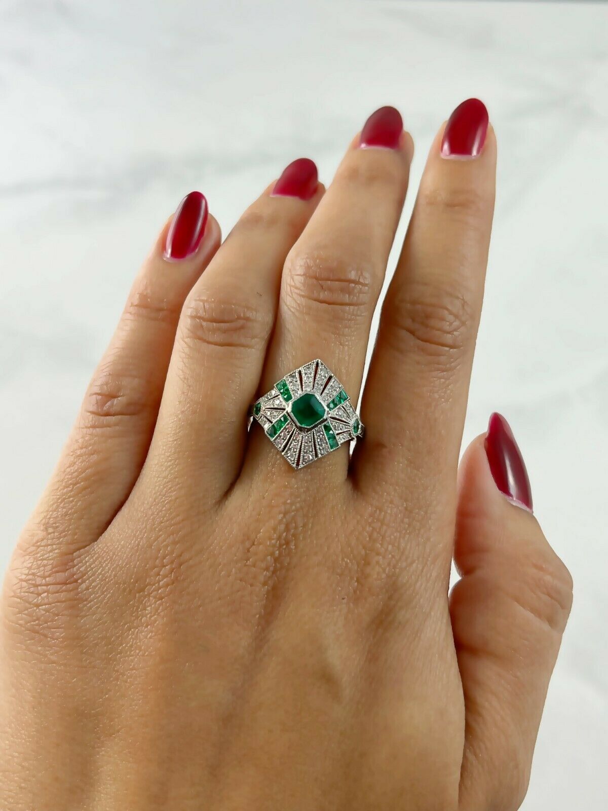 Emerald Platinum Diamond Ring Handmade Art Deco Certified Natural