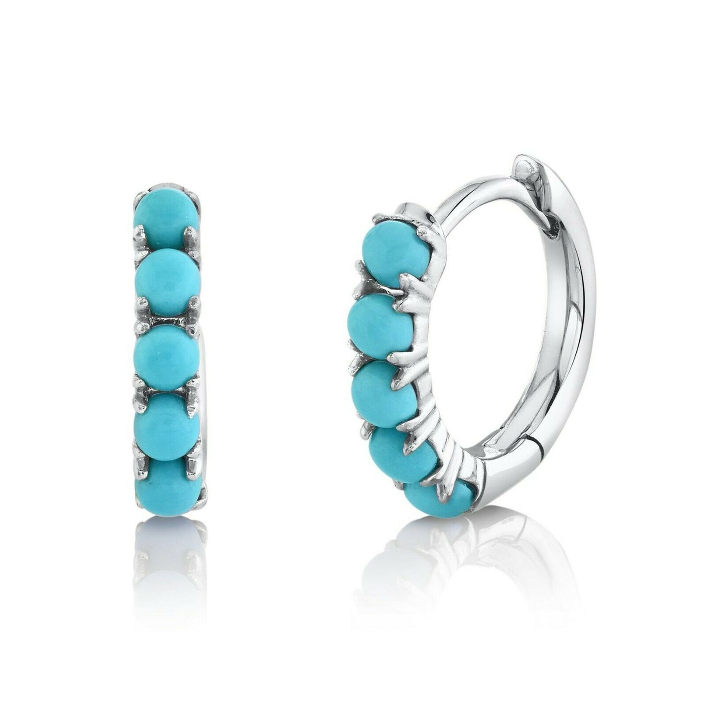 14K Gold 0.43CT Turquoise Huggie Earrings Round Cabochon 0.40" Hoops