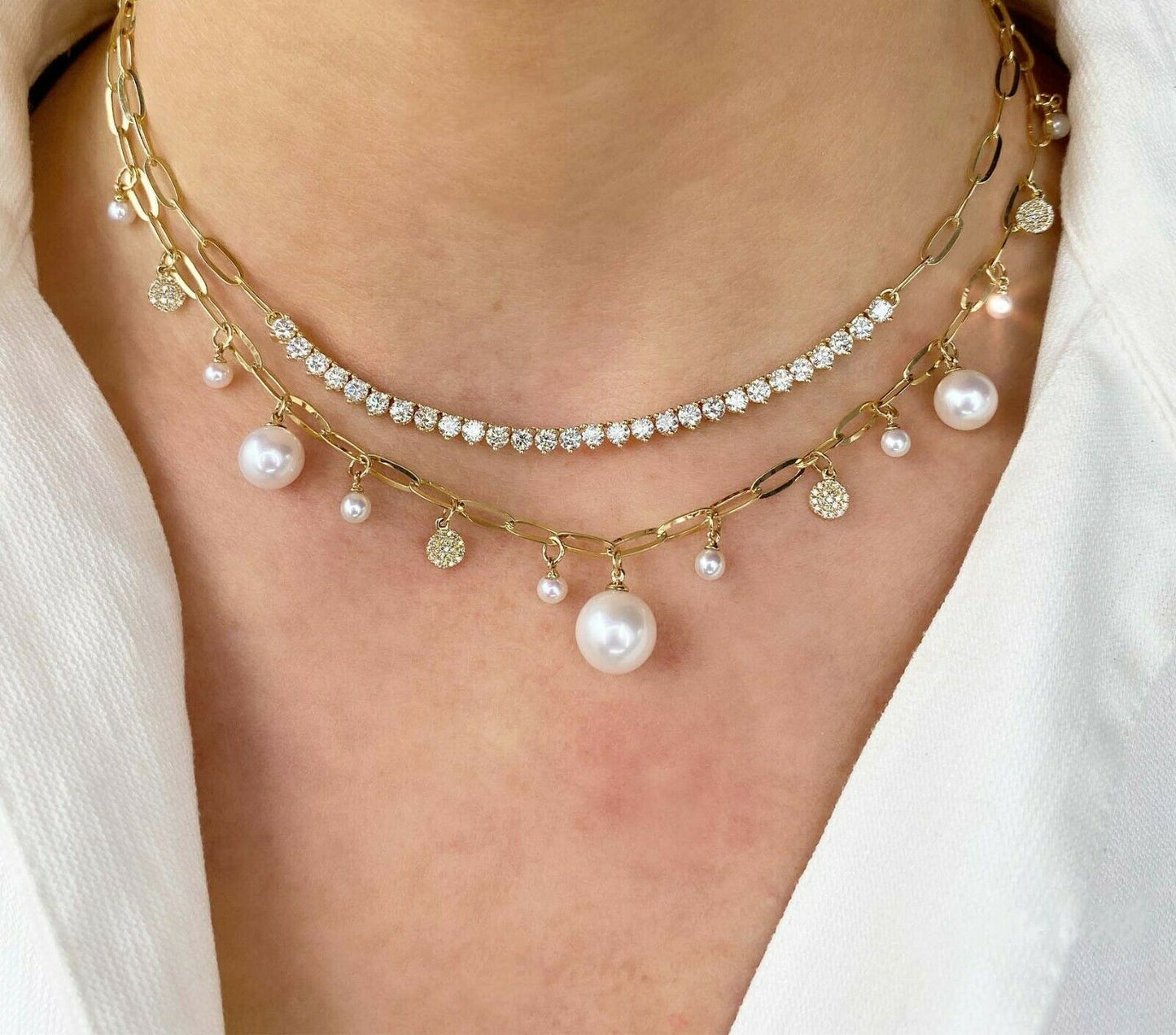 14K Gold 0.17CT Pearl Diamond Paper Clip Link Necklace Shaker Dangle