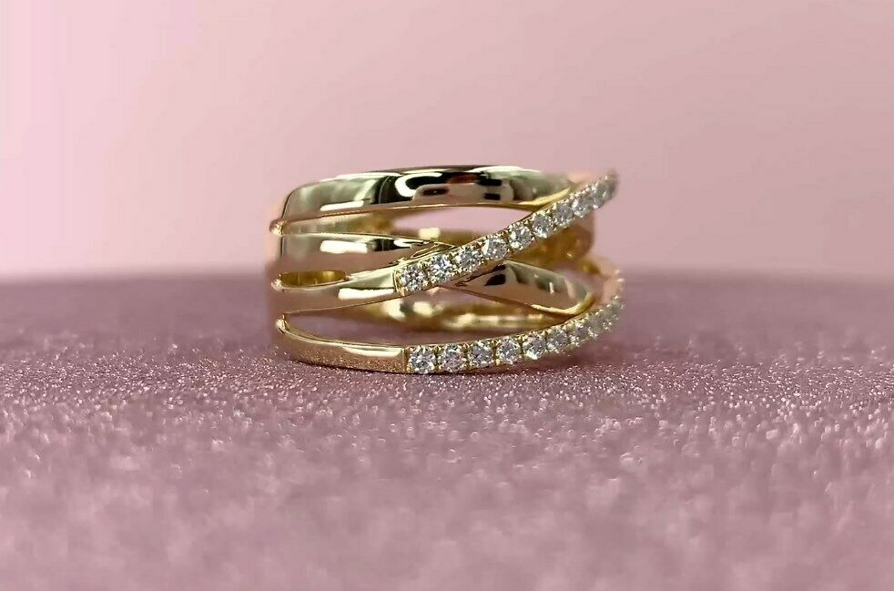14k Gold 0.41 CT Diamond Double Band Crossover Ring Natural Round Cut