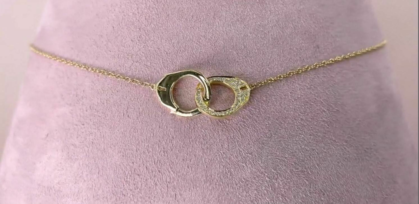 Diamond Handcuff Necklace 14K Yellow Gold Pendant 0.08CT Round Cut Natural Women