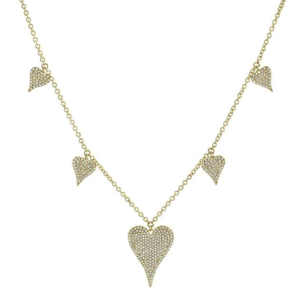 14K Gold 0.72 CT Diamond Hearts Necklace Pave Set Round Cut Natural