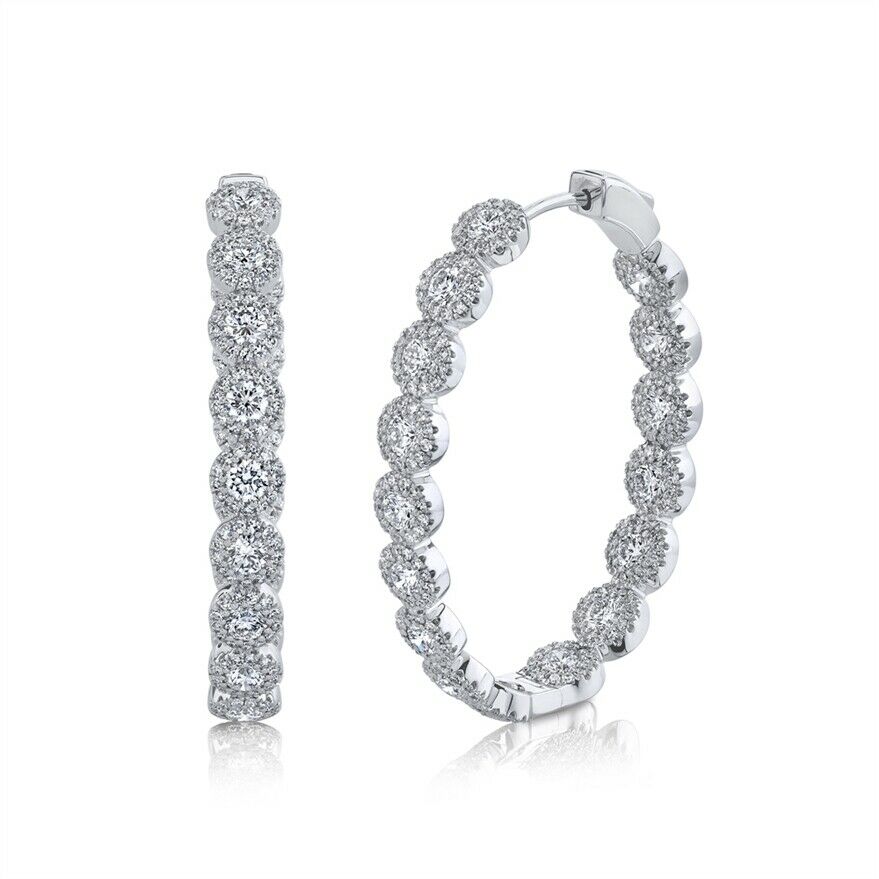 14k Gold 4.14CT Diamond Oval Hoop Earrings Inside Out Round Cut Natural