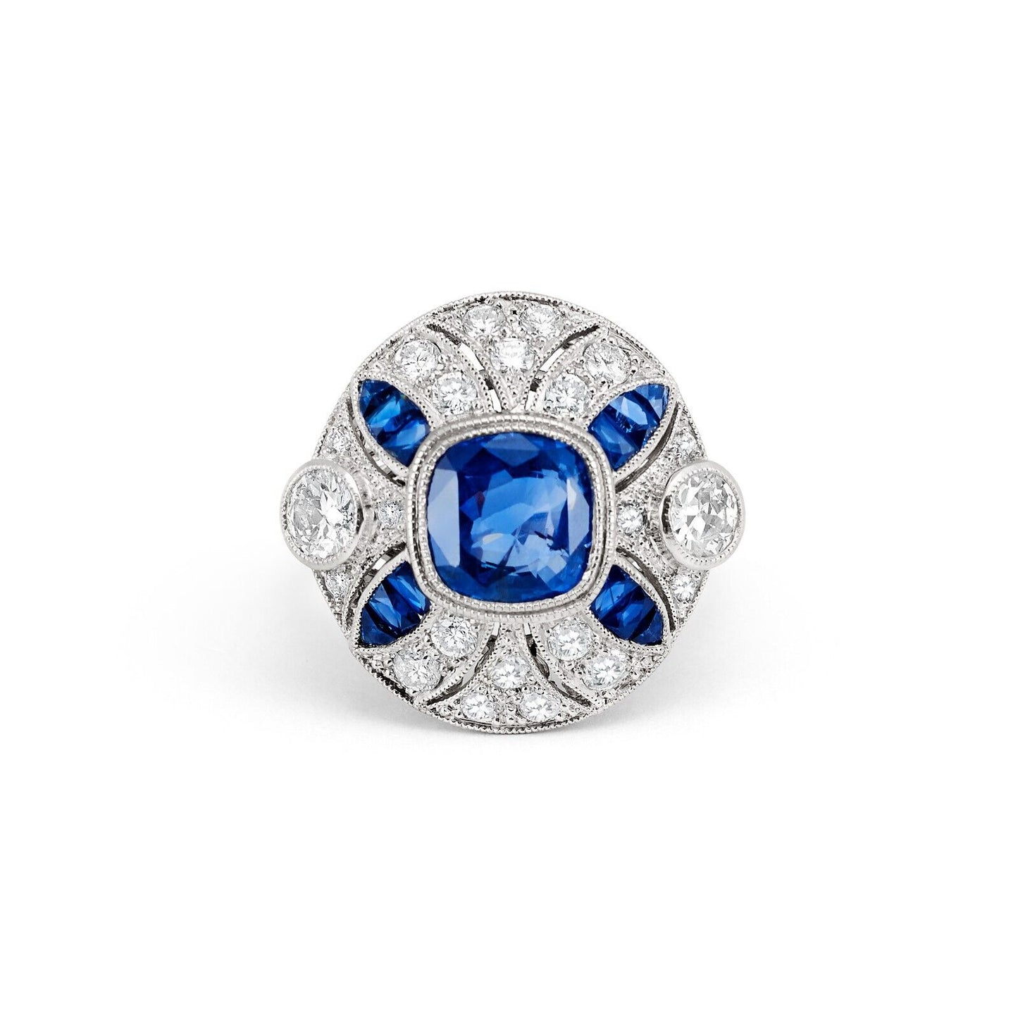 Cushion Blue Sapphire Old Mine Cut Diamond Platinum Ring Art Deco Antique Inspired