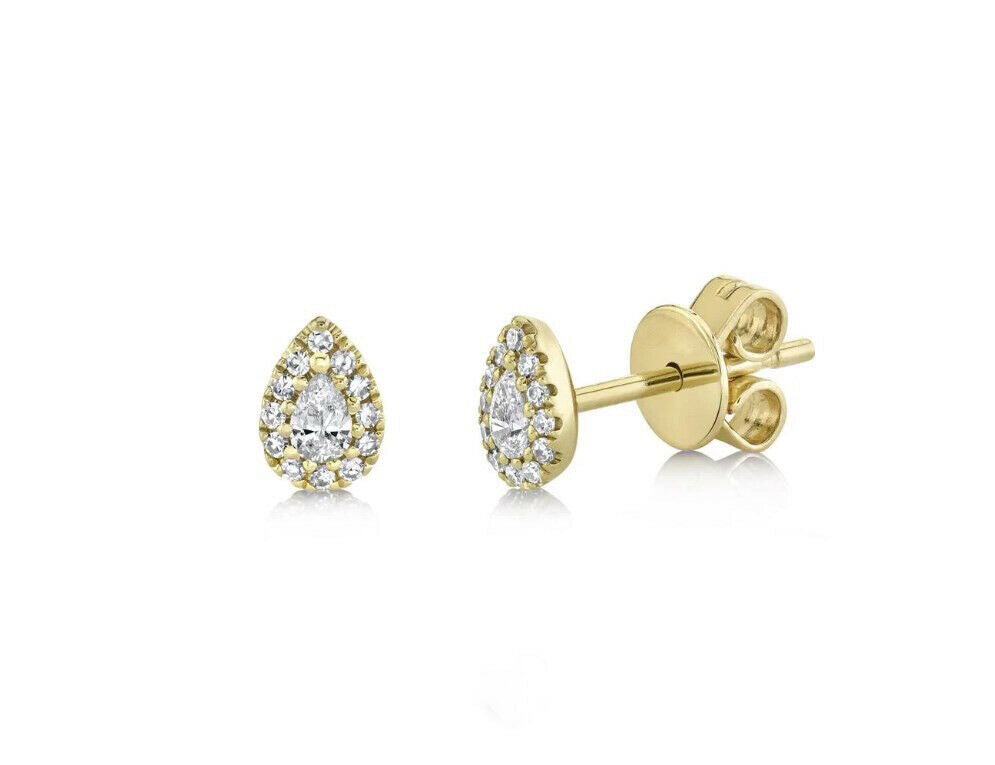 14K Gold 0.18 CT Pear Cut Diamond Tear Drop Stud Earrings Halo Natural Push Back