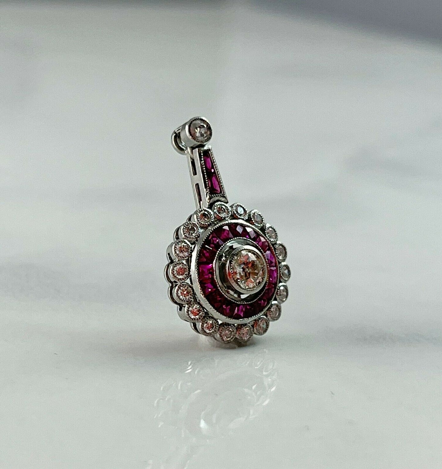 Art Deco French Cut Ruby Diamond Pendant Necklace Platinum Natural Chain Included