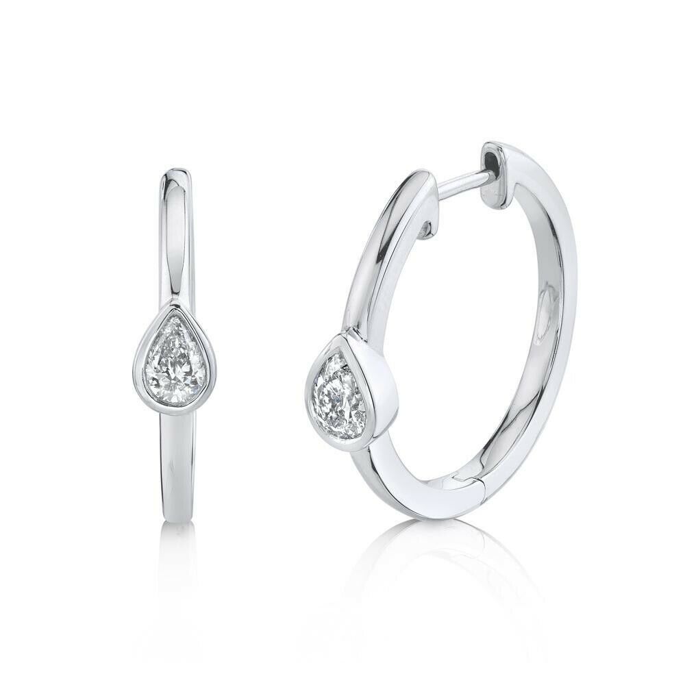 14K Gold 0.40 CT Pear Cut Diamond Hoop Earrings Bezel Set