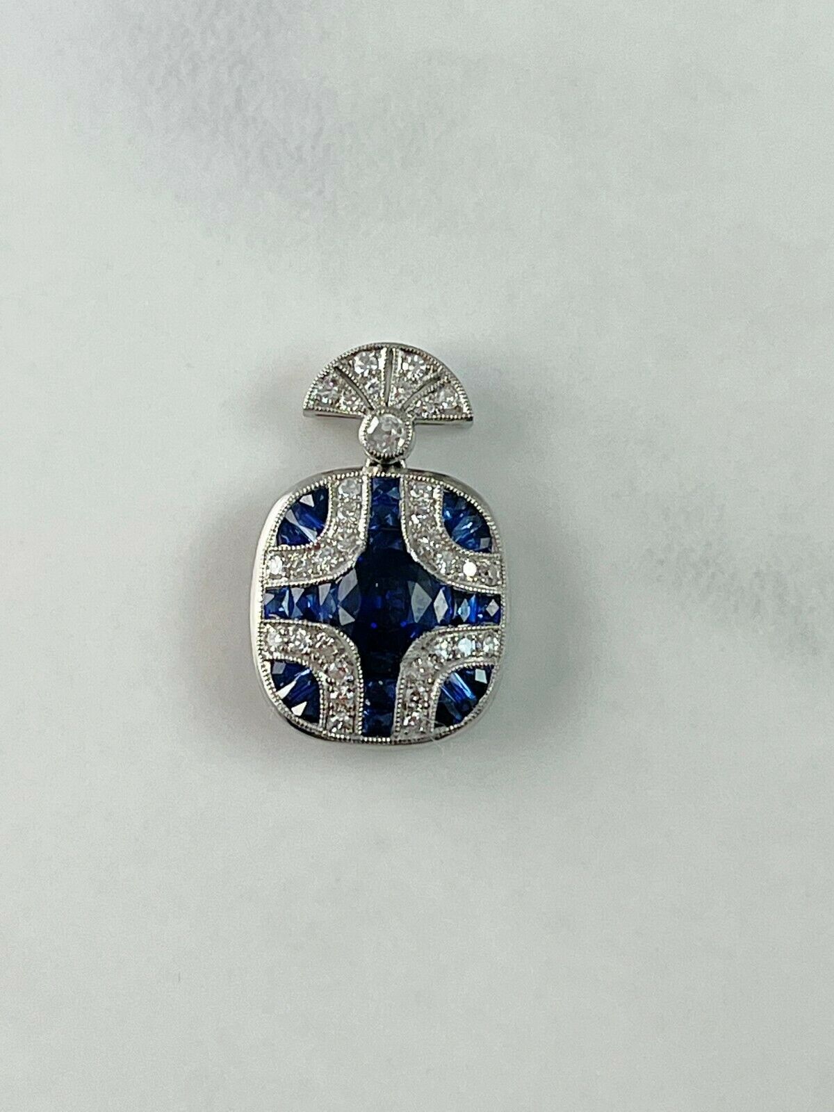Blue Sapphire Diamond Platinum Pendant Necklace Art Deco Handmade Natural 2.16CT