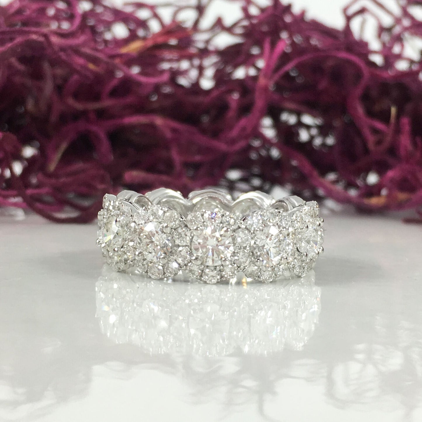 18K White Gold 2.12 CT Diamond Eternity Ring Round Cut Halo Natural Engagement Band