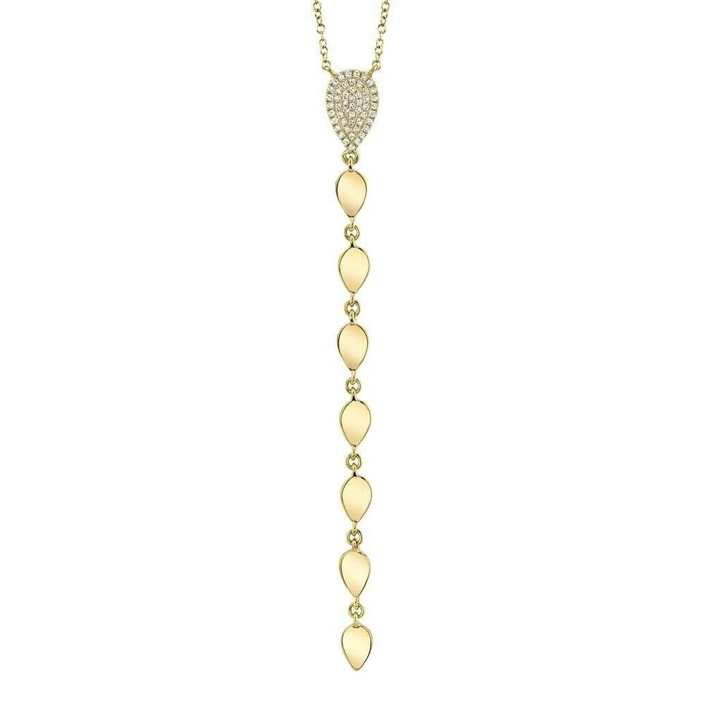 14K Gold 0.11 CT Diamond Lariat Necklace Pear Teardrop Pave Set Round Cut Natural
