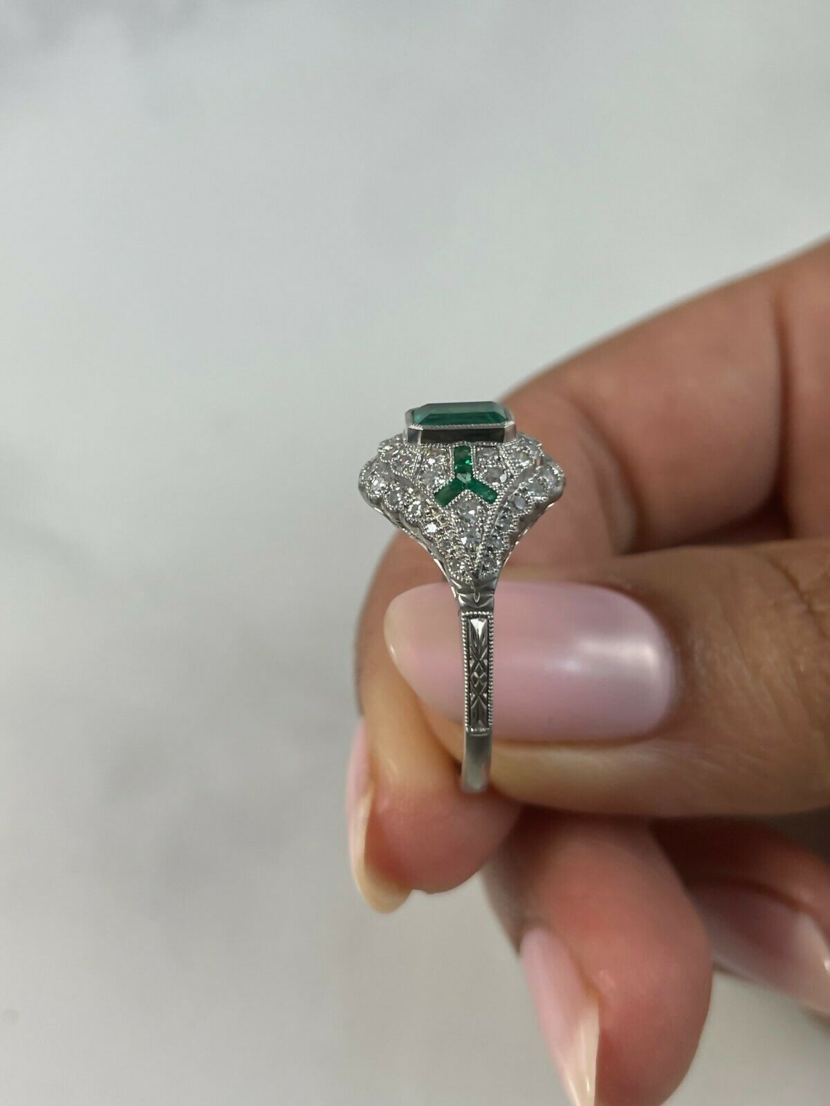 Diamond And Emerald Platinum Engagement Ring Art Deco Handmade Natural