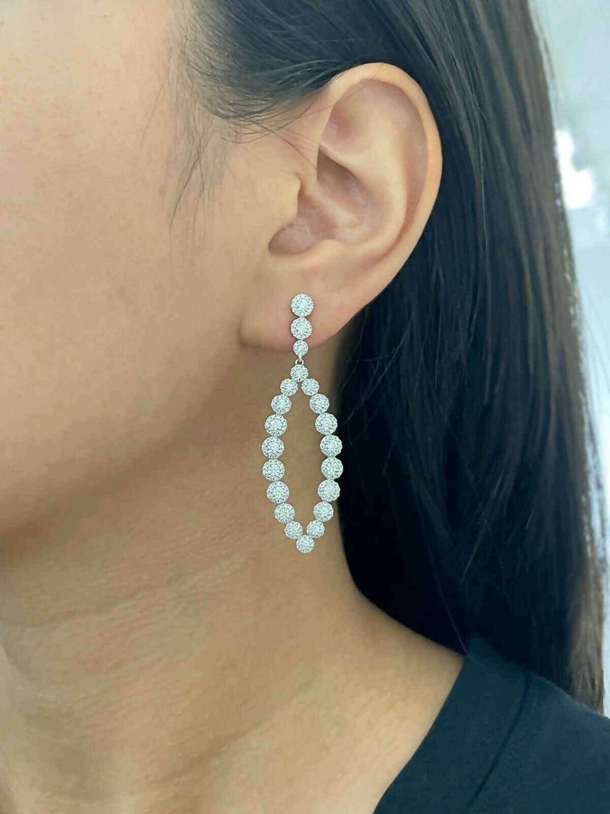 14K Gold 2.95CT Diamond Marquise Fish Eye Earrings Drop Dangle Round Cut