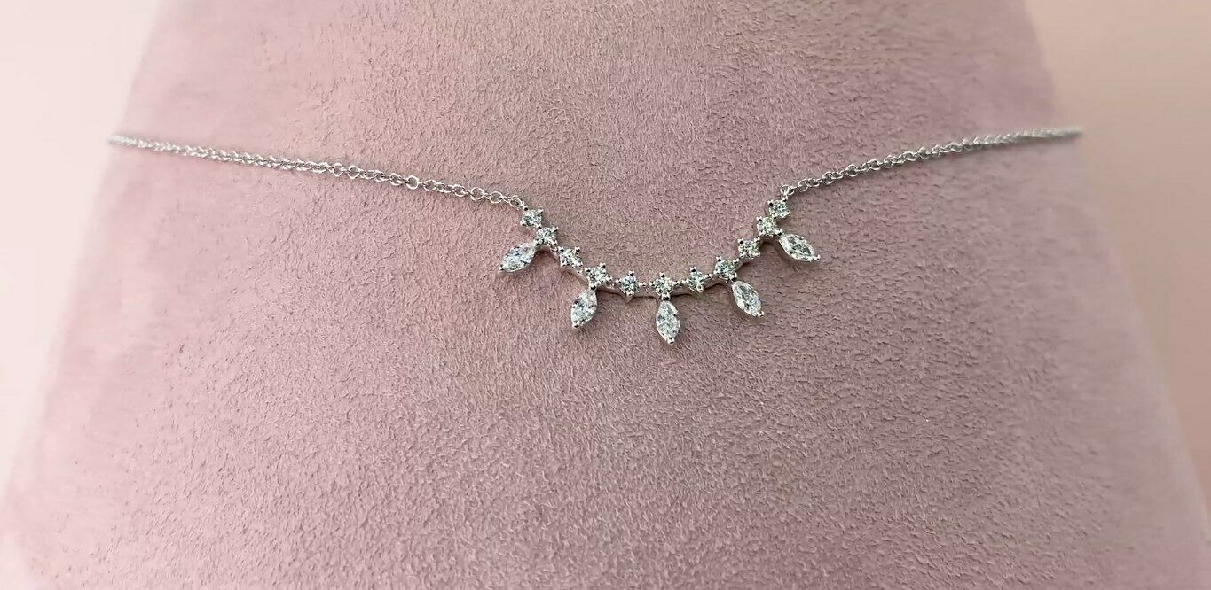 14K Gold 0.40 CT Marquise Diamond Station Necklace Certified Natural Pendant