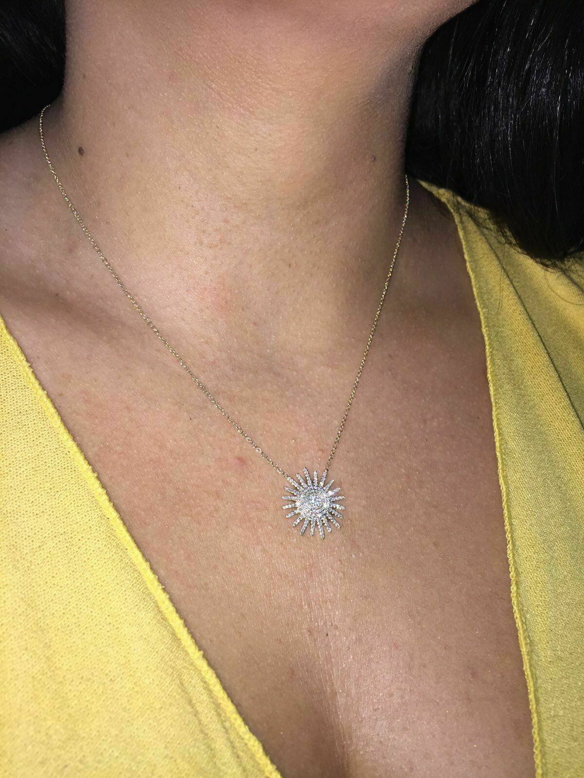 14K Gold 0.43 CT Diamond Sun Ray Sunshine Starburst Pendant Necklace Round