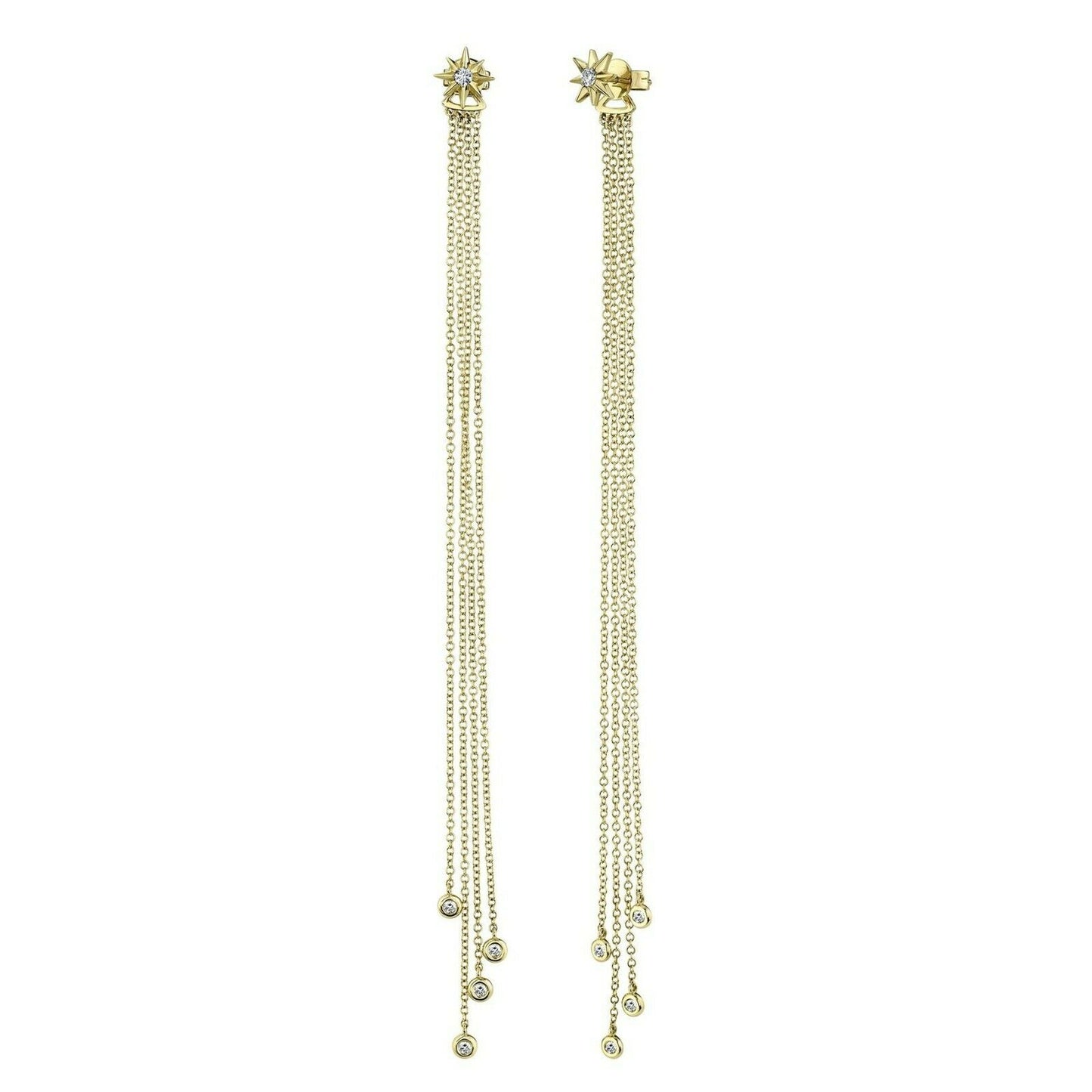 14K Gold 0.24 CT Diamond Fringe Chain Earrings Star Shoulder Dusters Round