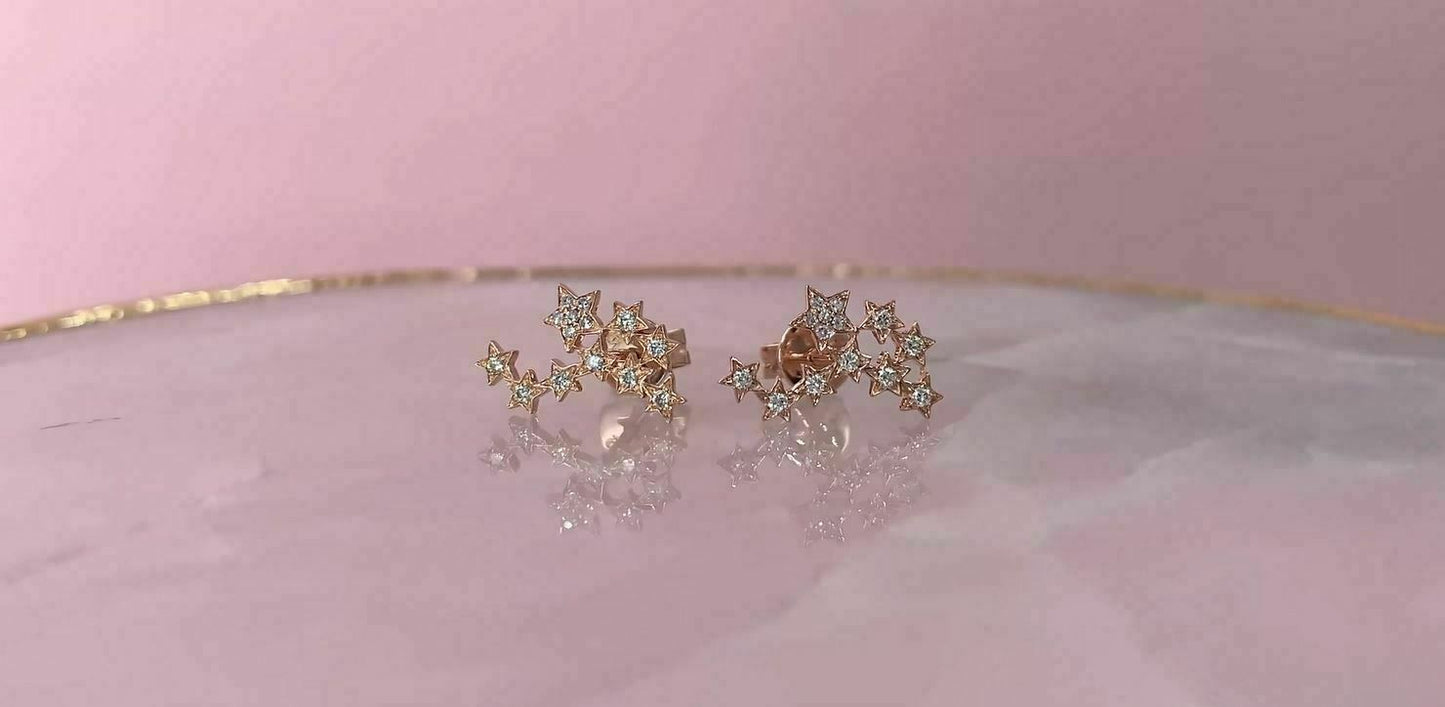 14K Gold 0.17 CT Star Constellation Diamond Stud Earrings Natural Round Cut