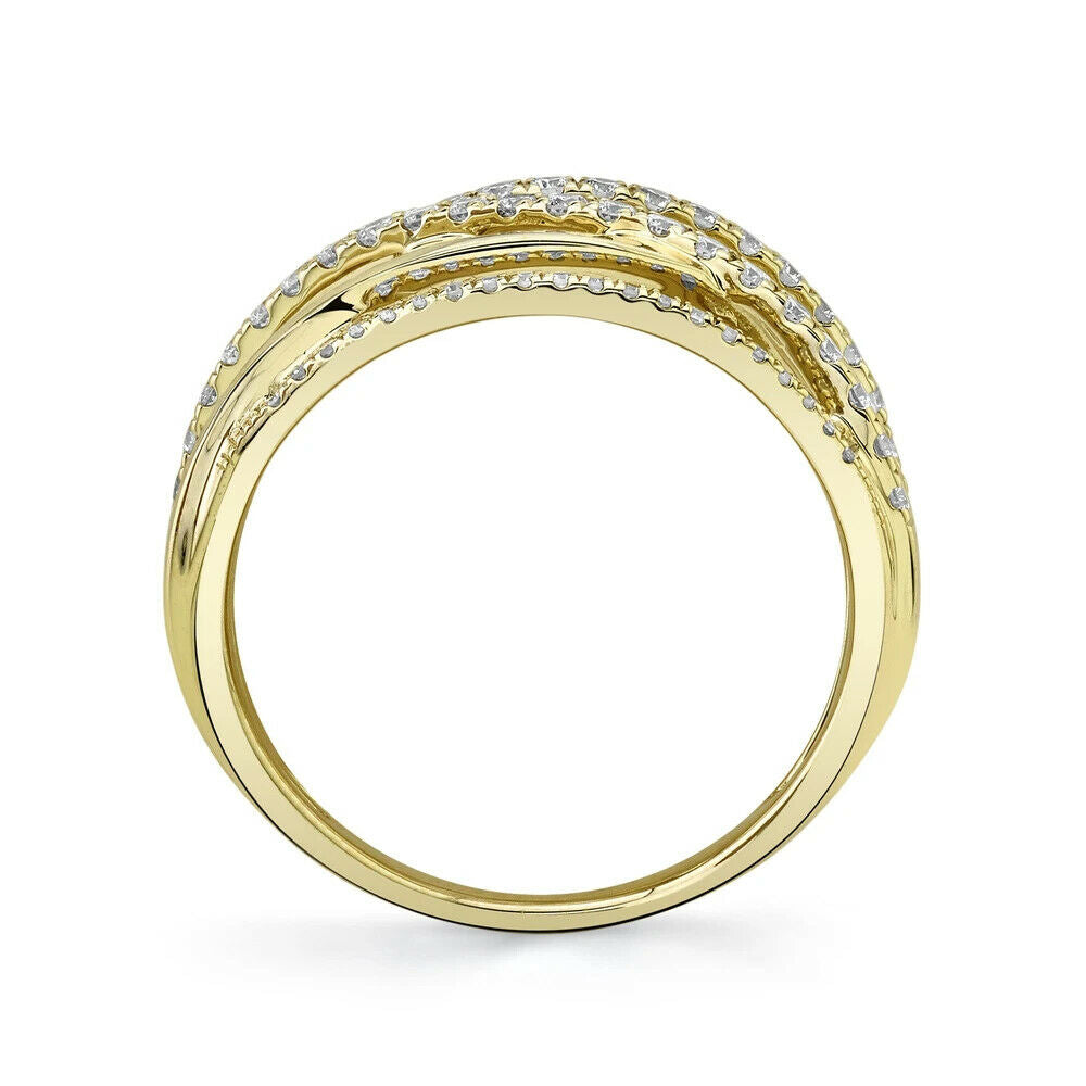 14K Gold 0.62 CT Diamond Bridge X Ring Criss Cross Crossover Multi Row Band Wide