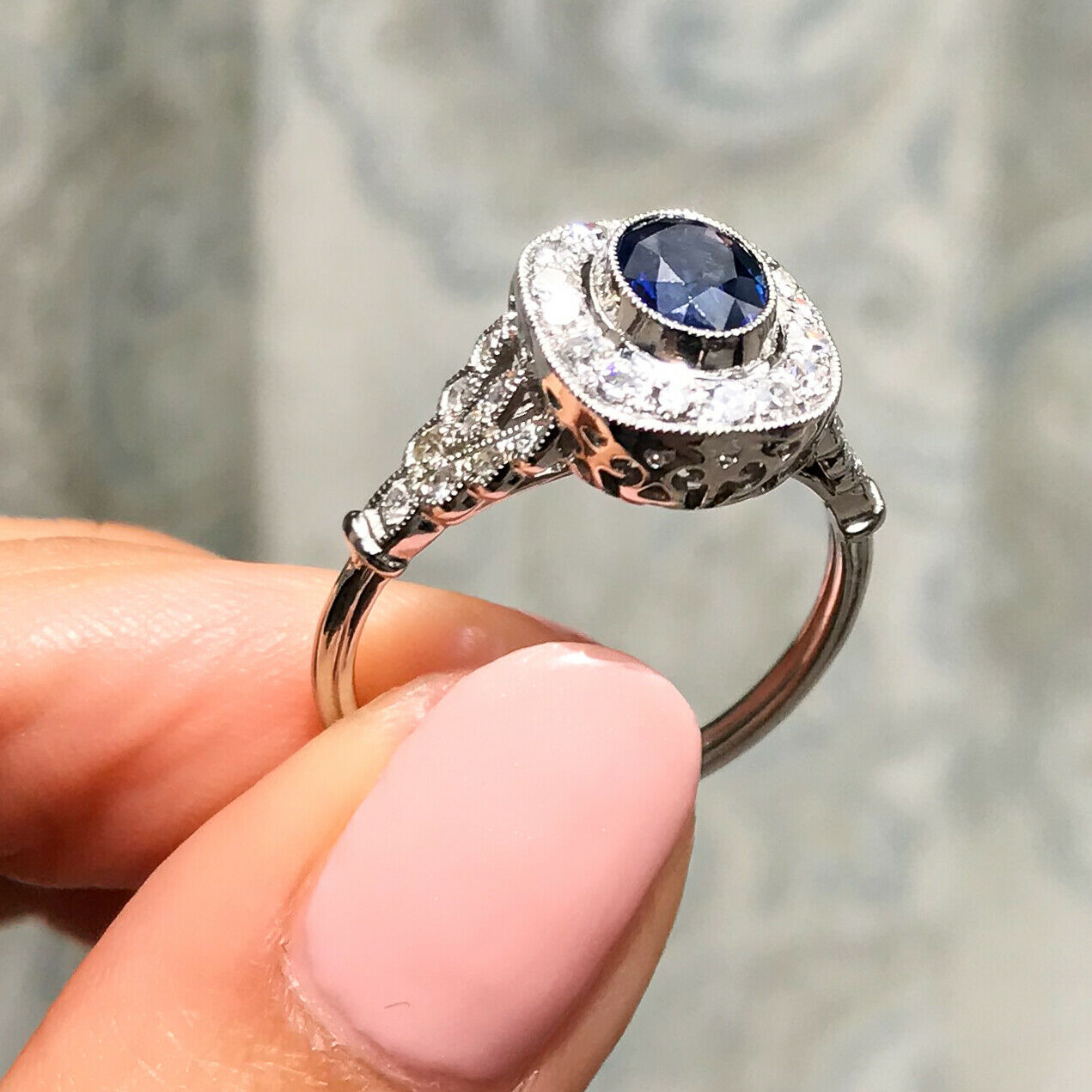 Art Deco Oval Blue Sapphire Diamond Platinum Engagement Ring