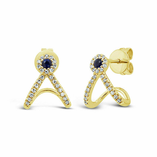 14k Gold 0.09 CT Diamond Sapphire Stud Cuff Earrings Natural Round Blue
