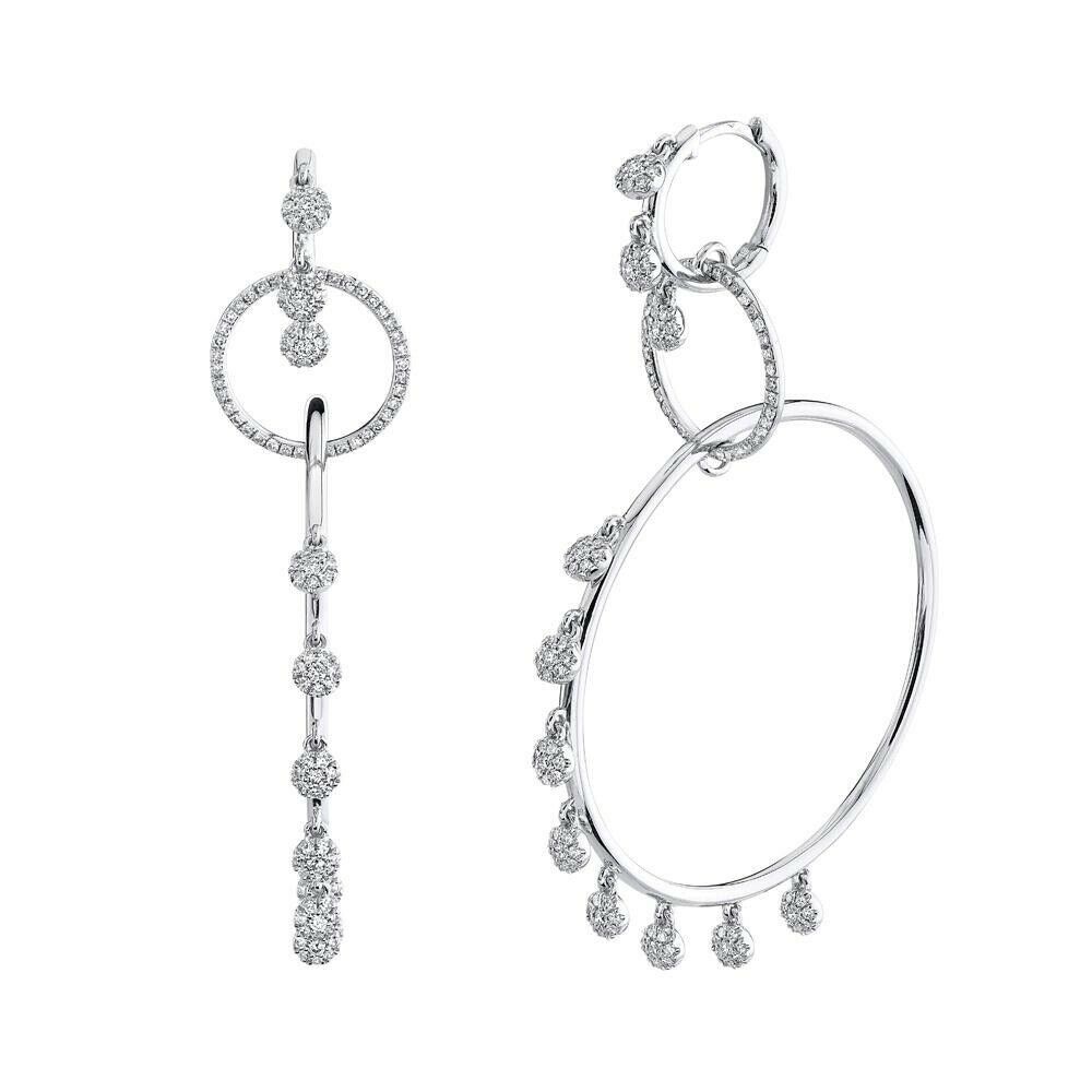 14K Gold 0.87 CT Diamond Circle Hoop Drop Dangle Earrings Natural Round 2.40" Long
