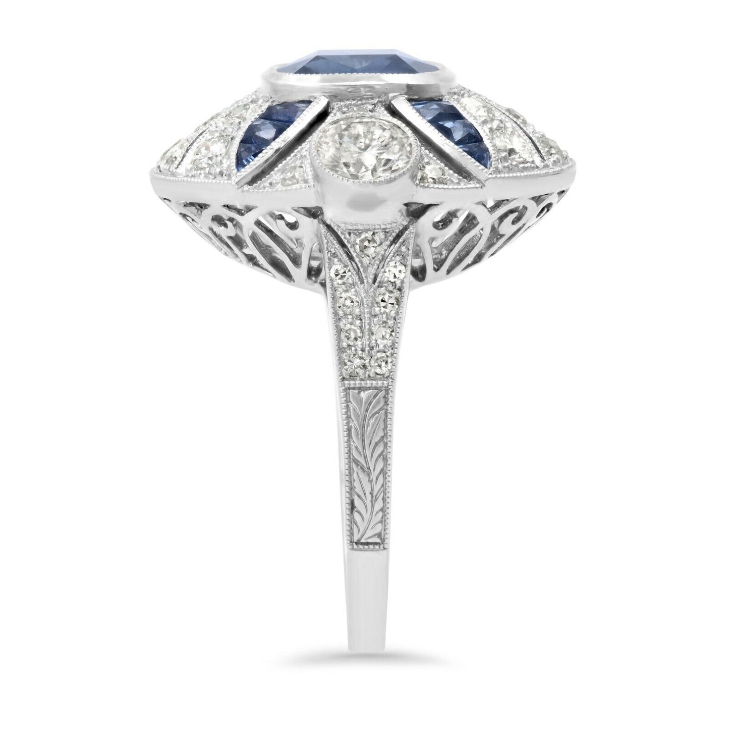 Cushion Blue Sapphire Old Mine Cut Diamond Platinum Ring Art Deco Antique Inspired