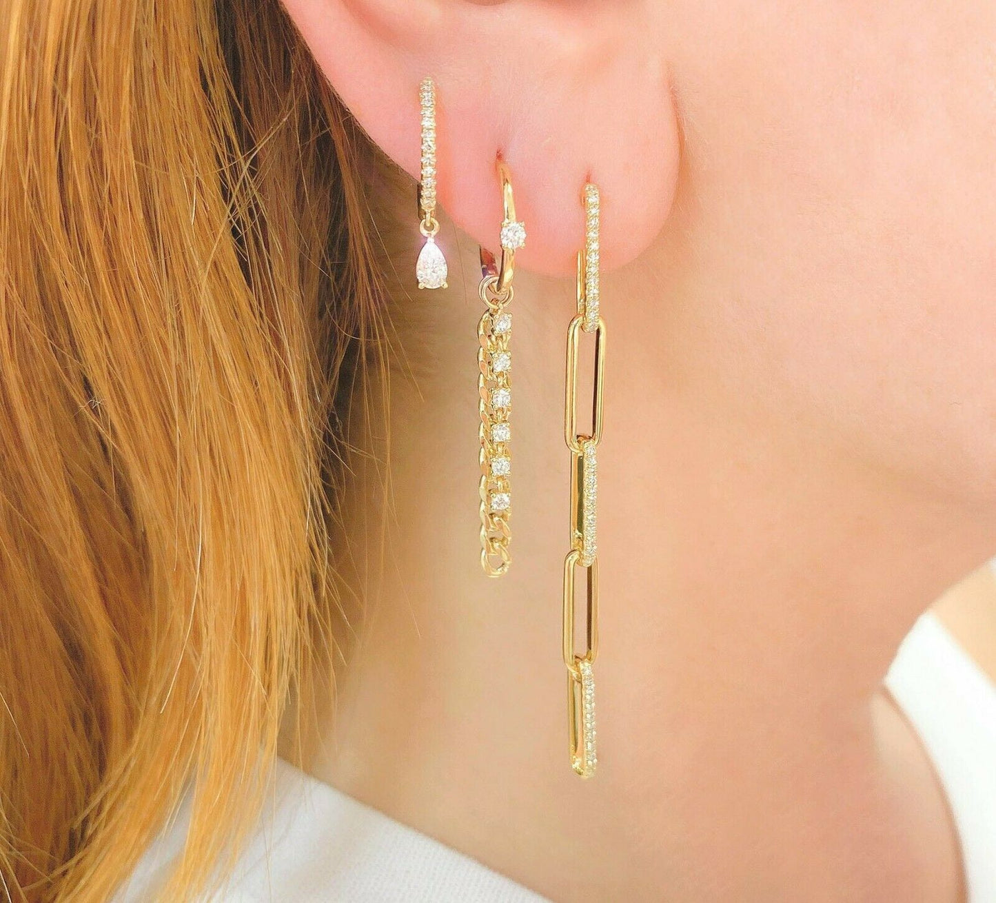 14K Gold 0.33CT Pear Cut Diamond Drop Earrings Huggie Dangle