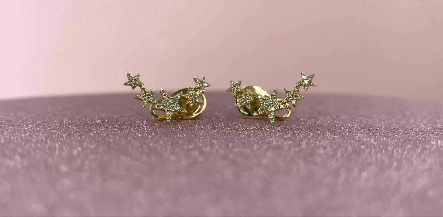 14K Gold 0.17 TCW Diamond Star Ear Crawler Earrings Natural Round Cut Stud