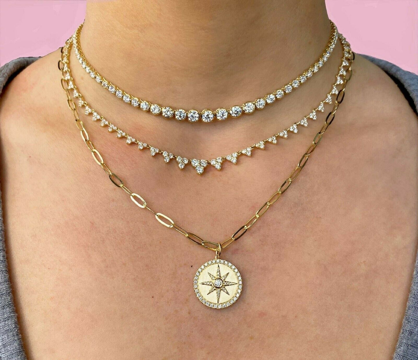 14K Gold 4.08CT Diamond Triangle Tennis Necklace Round Cut Natural