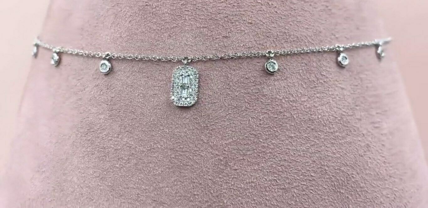 14K Gold 0.05 CT Baguette Cut Diamond Shaker Necklace Round Bezel Pendant