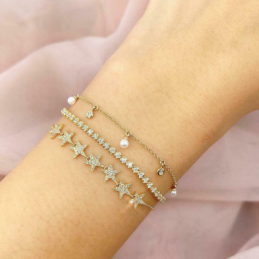 14K Gold 0.04 CT Shaker Pearl Diamond Bolo Bracelet Bezel Set Dangling Adjustable