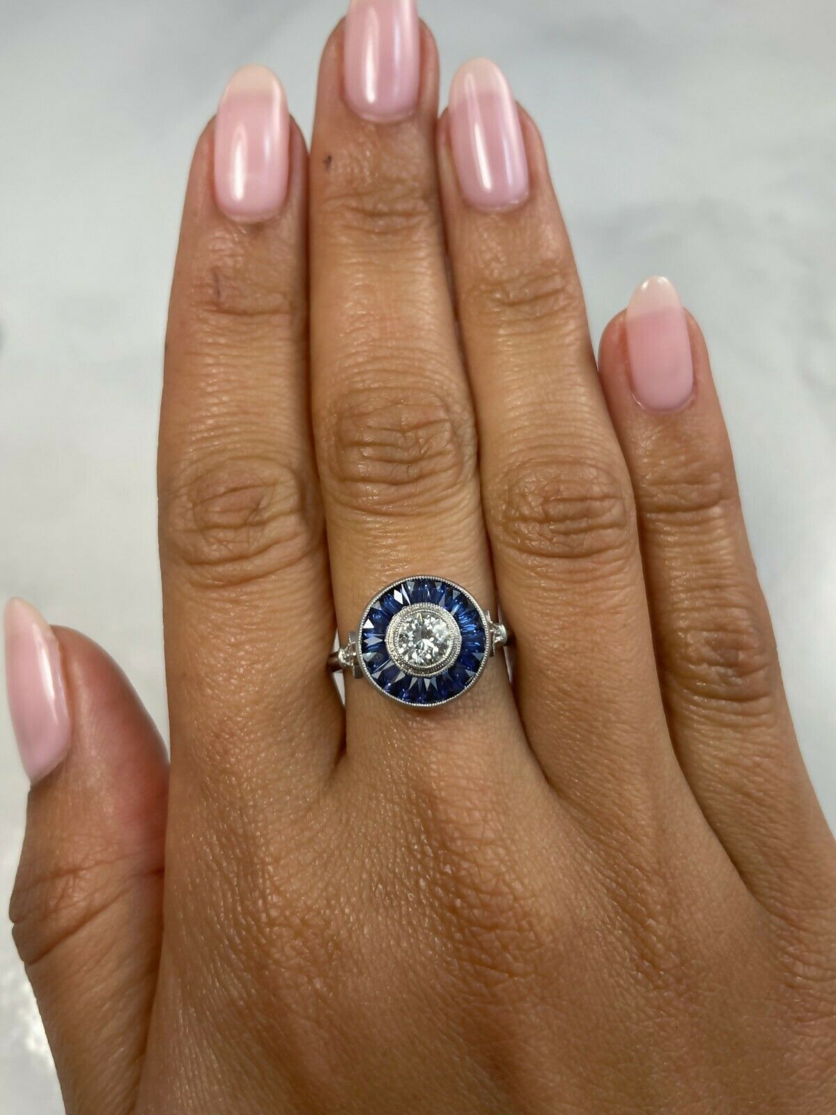 Art Deco Diamond Blue Sapphire Platinum Engagement Ring Handmade