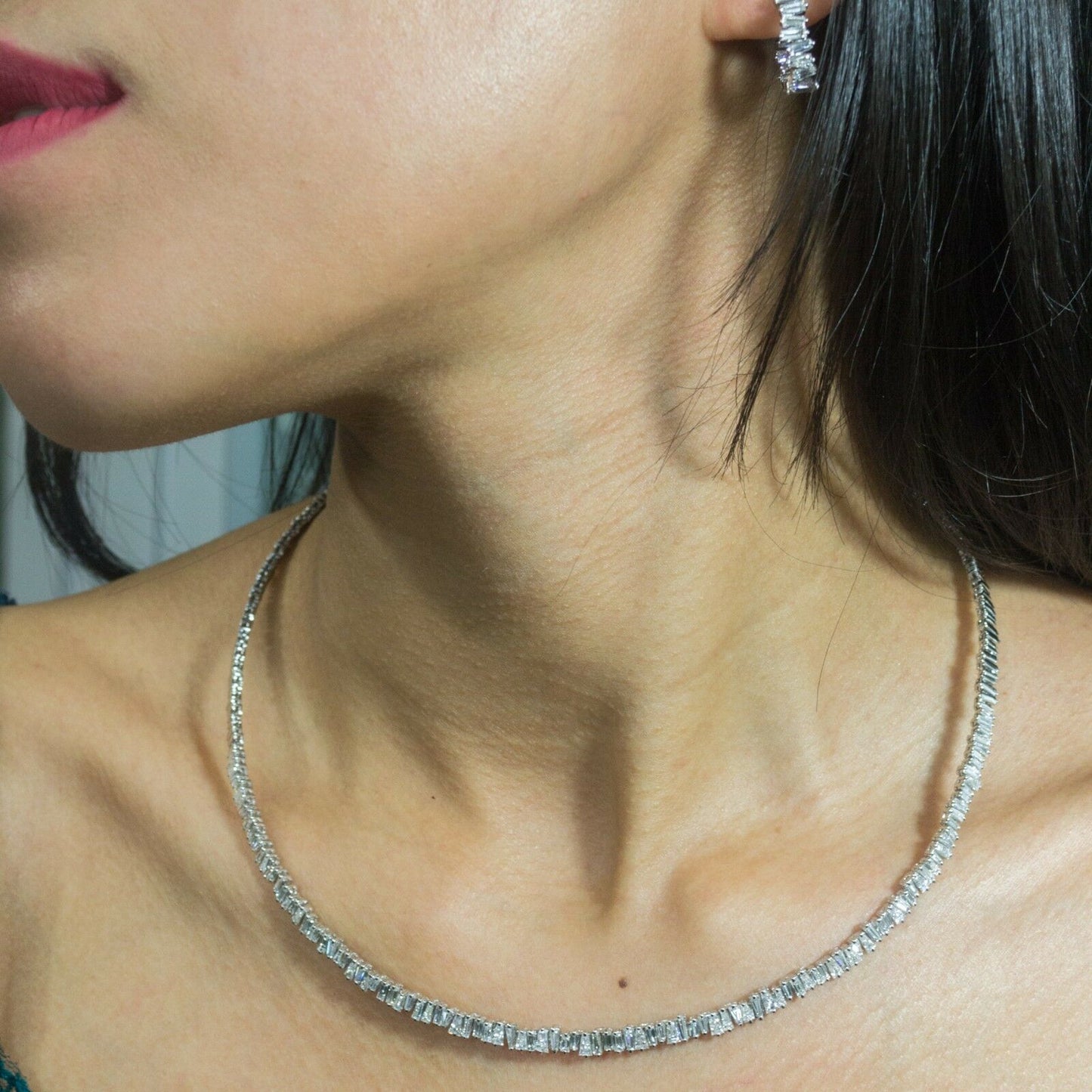 14K Gold 3.95 CT Baguette Cut Diamond Choker Necklace Certified Natural