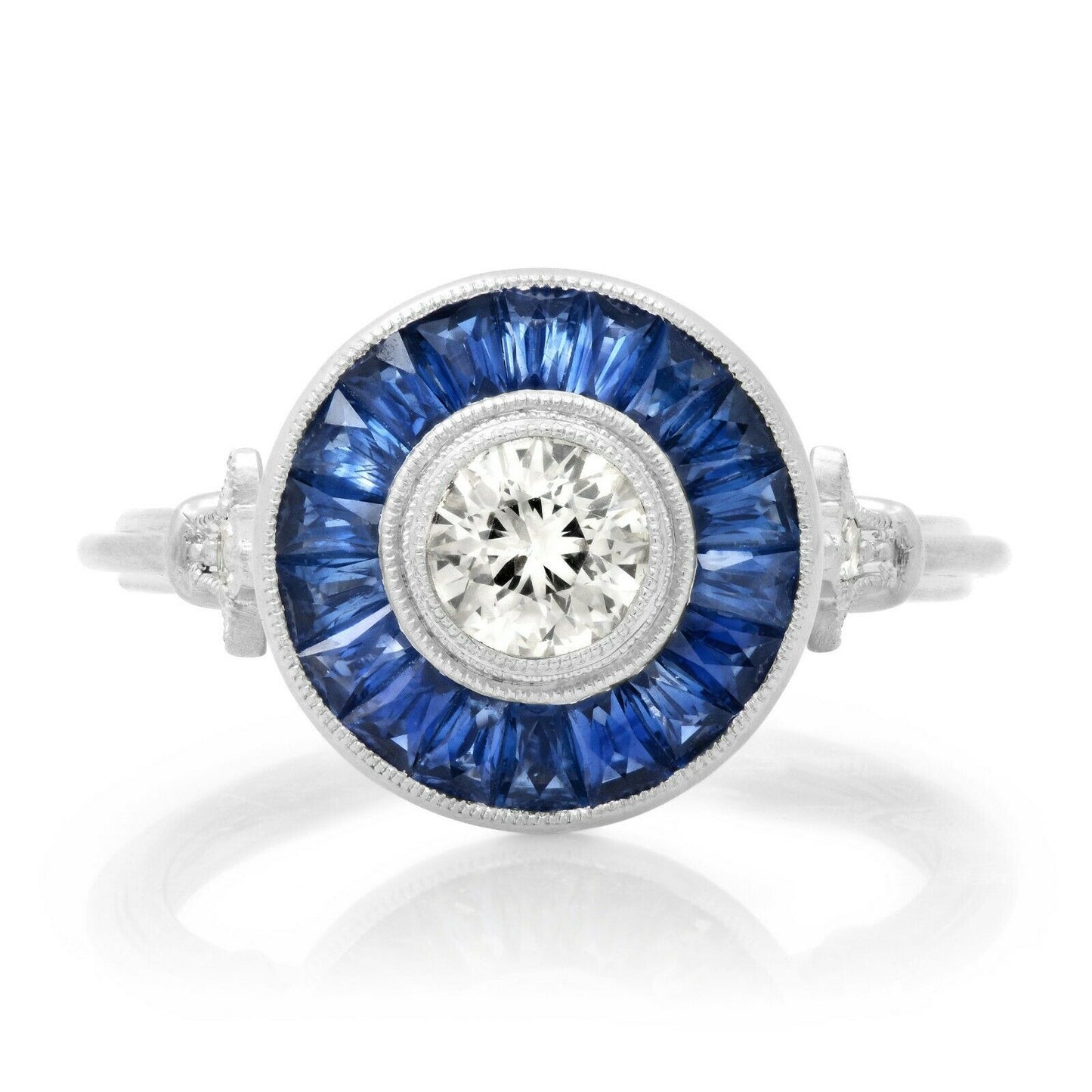 Art Deco Diamond Blue Sapphire Platinum Engagement Ring Handmade