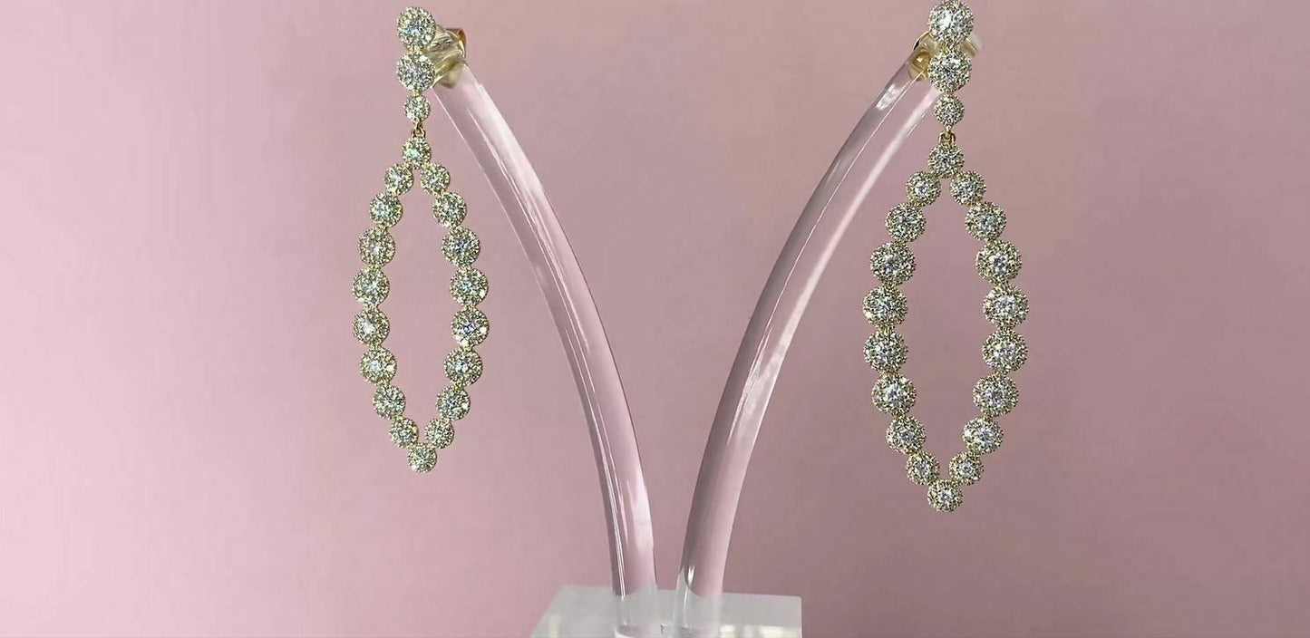 14K Gold 2.95CT Diamond Marquise Fish Eye Earrings Drop Dangle Round Cut