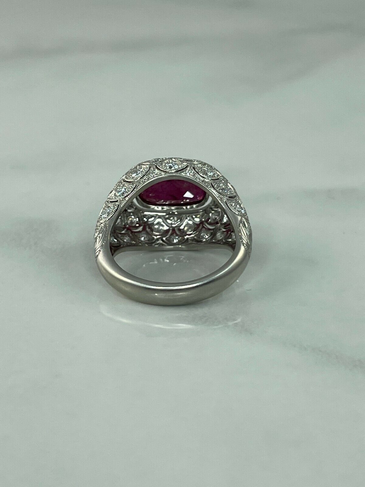 Unique Cushion Ruby Diamond Platinum Ring Hand Made Art Deco GIA