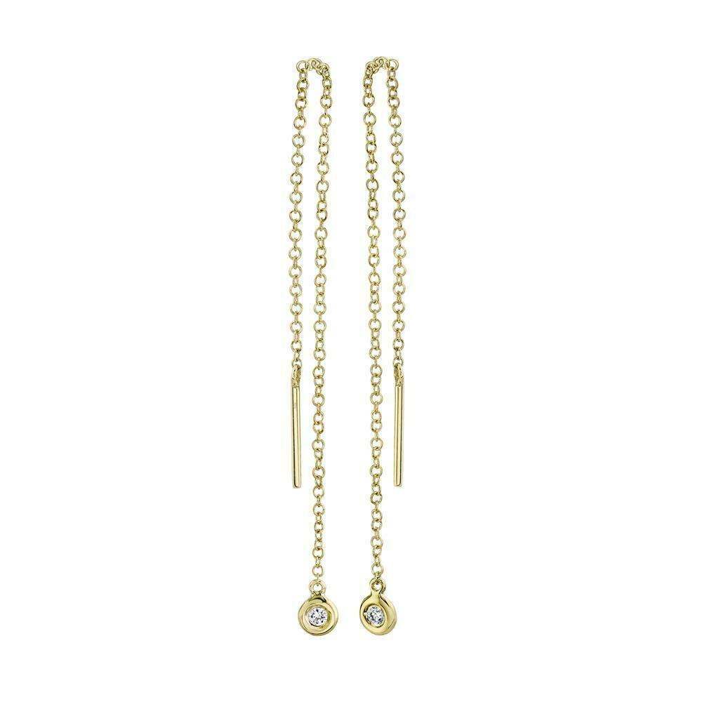 14K Gold 0.04 CT Diamond Threader Chain Earrings Bezel Set Drop Dangle Round Cut