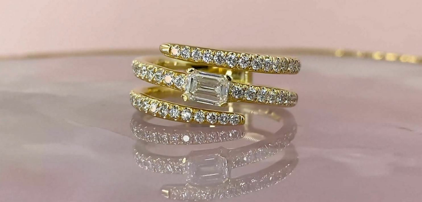 14K Gold 0.88 CT Emerald Cut Diamond Spiral Swirl Ring Natural Right Hand