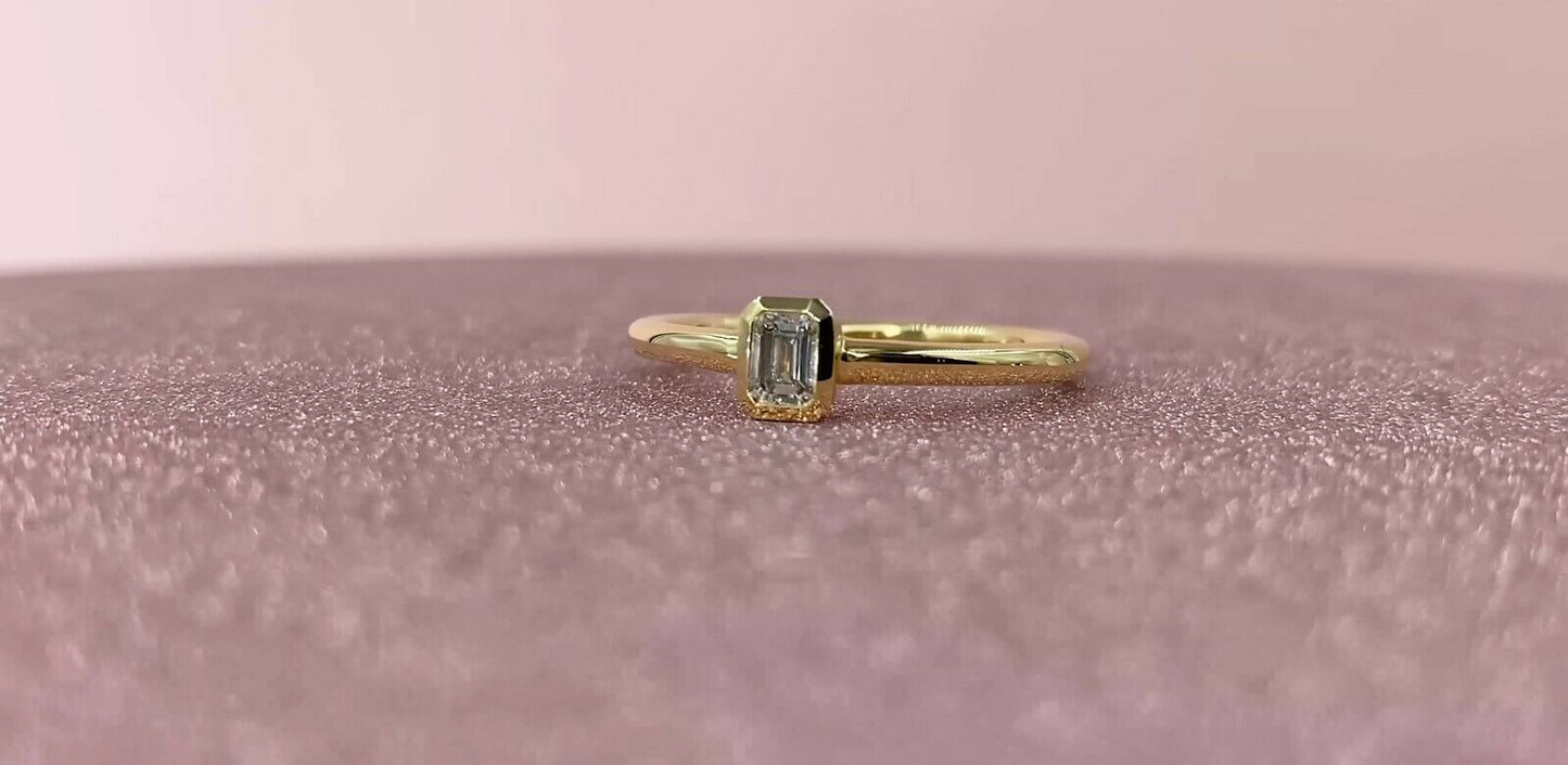14K Gold 0.21 CT Emerald Cut Diamond Solitaire Ring Bezel Set Natural Statement