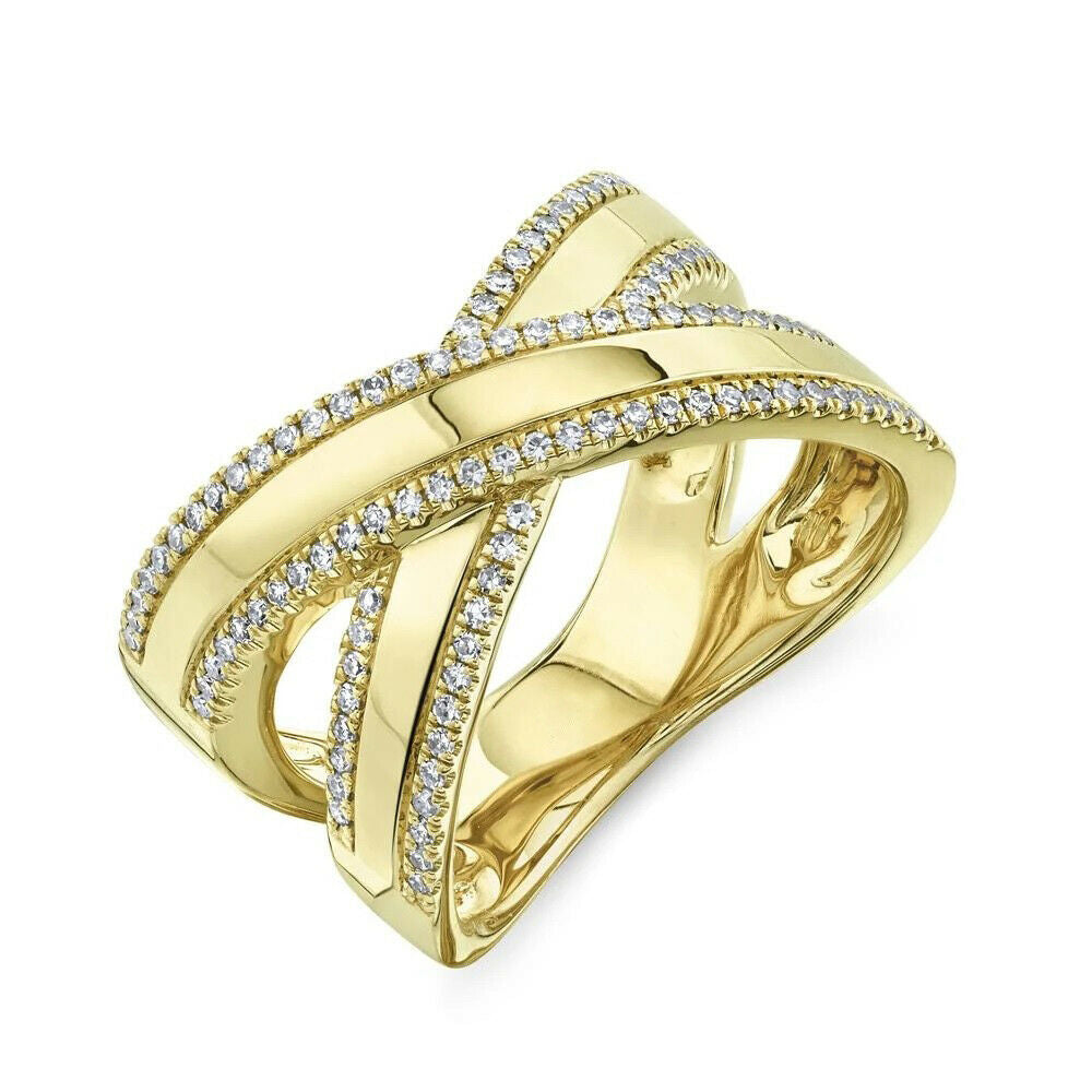 14K Gold 0.32 CT Diamond X Ring Crossover Right Hand Cocktail Index Middle Finger